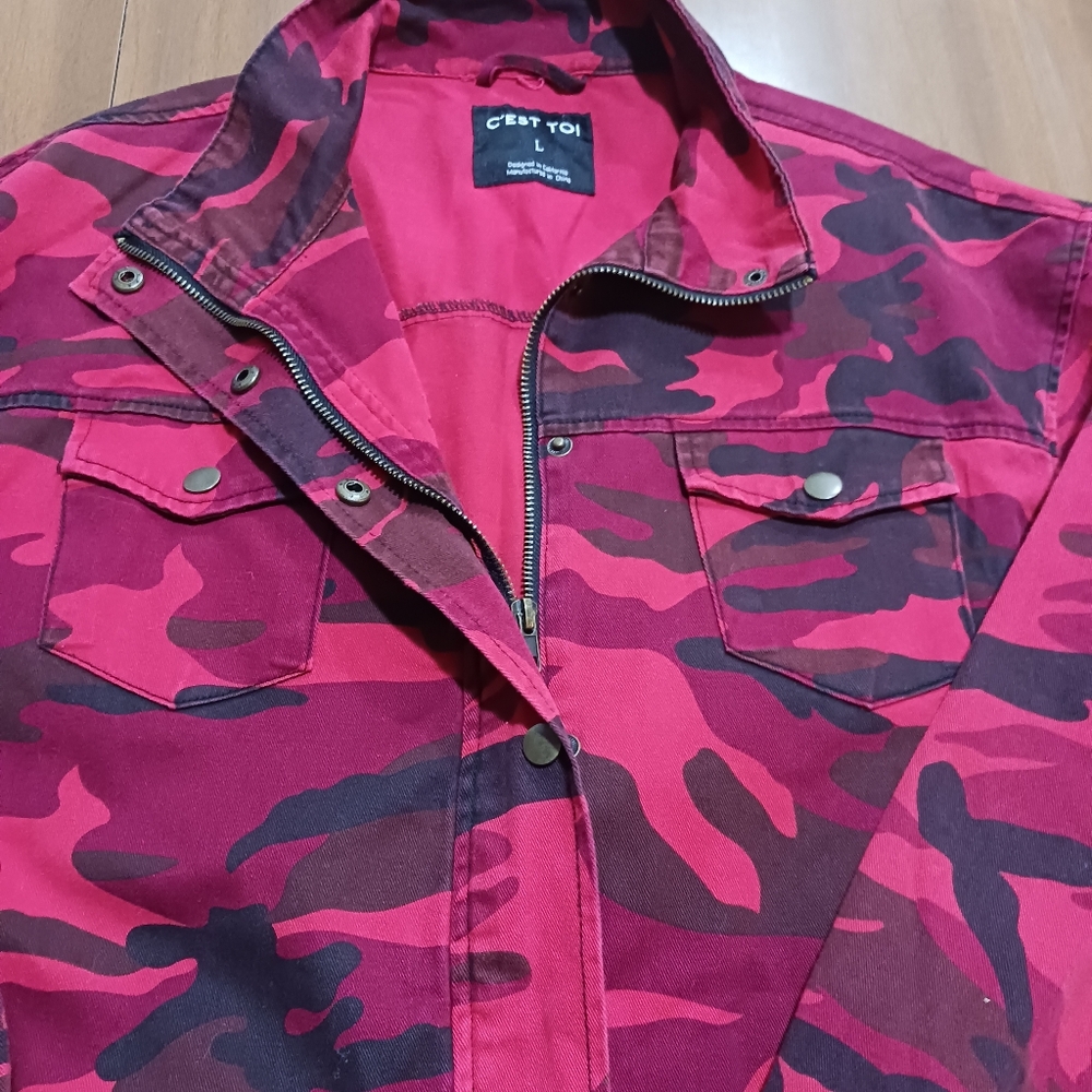 Red Camo Jacket Zip Barn Womens Size Large Cotton Jean Pocketd
